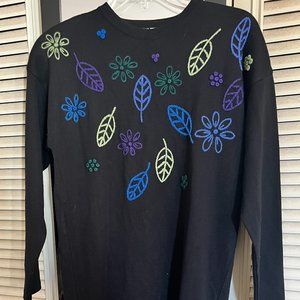 Liz Claiborne Knit oversized Sweater Dress Black Floral Embroidered Size S Wool